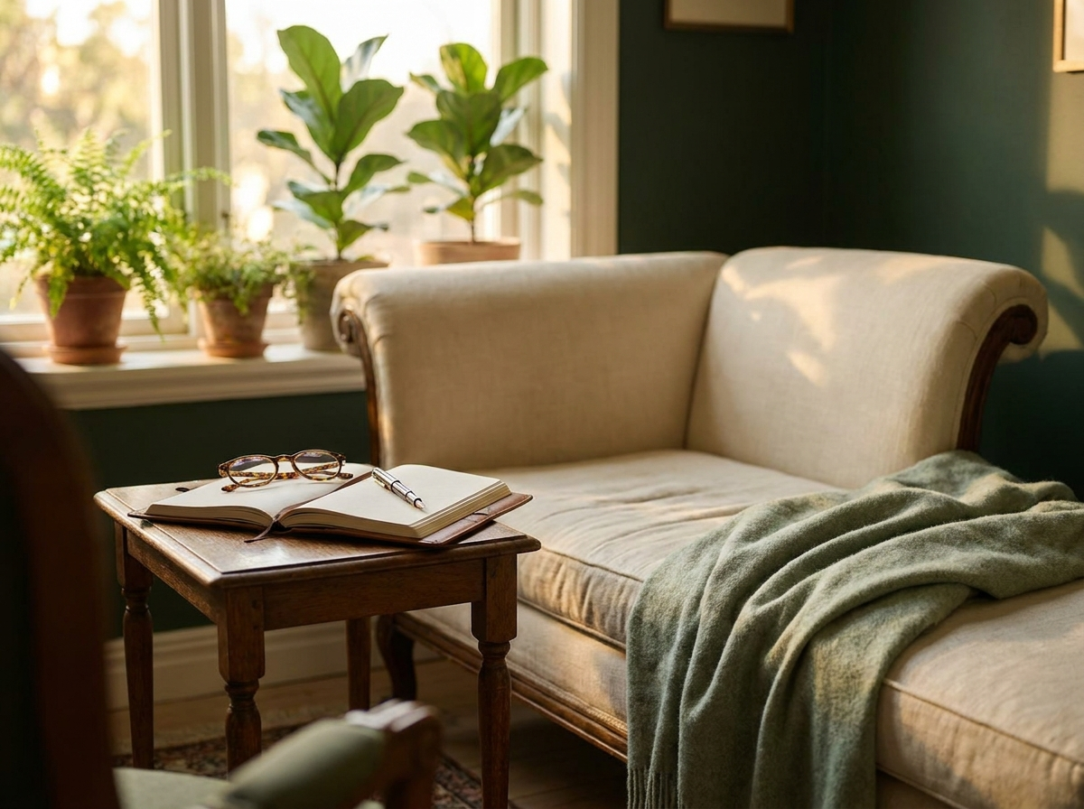 Divã de psicanálise com manta verde, caderno e óculos sobre a mesa lateral