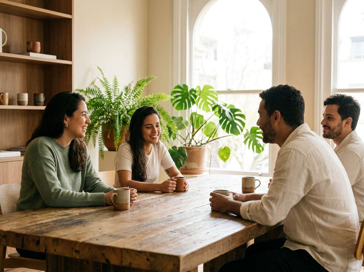 Equipe de trabalho em conversa acolhedora ao redor de uma mesa